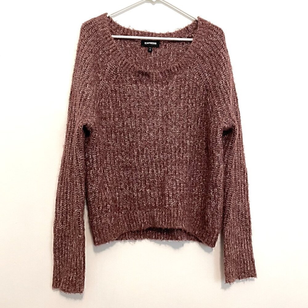 EXPRESS Purple White Marled Fuzzy Chunky Knit Thumbholes Round Neck Sweater XS - Picture 1 of 12